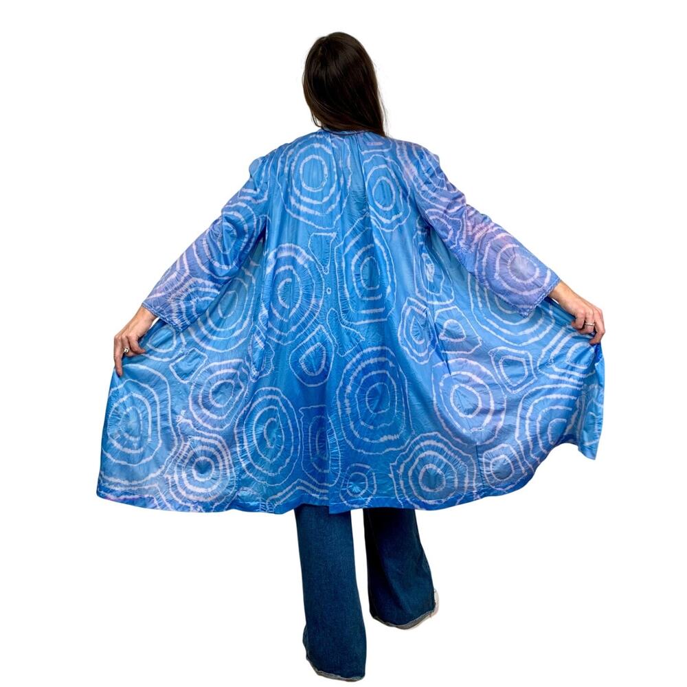 Vintage Shibori Hand Dyed Nylon Robe Duster Blue Upcycled Boho Festival Kimono